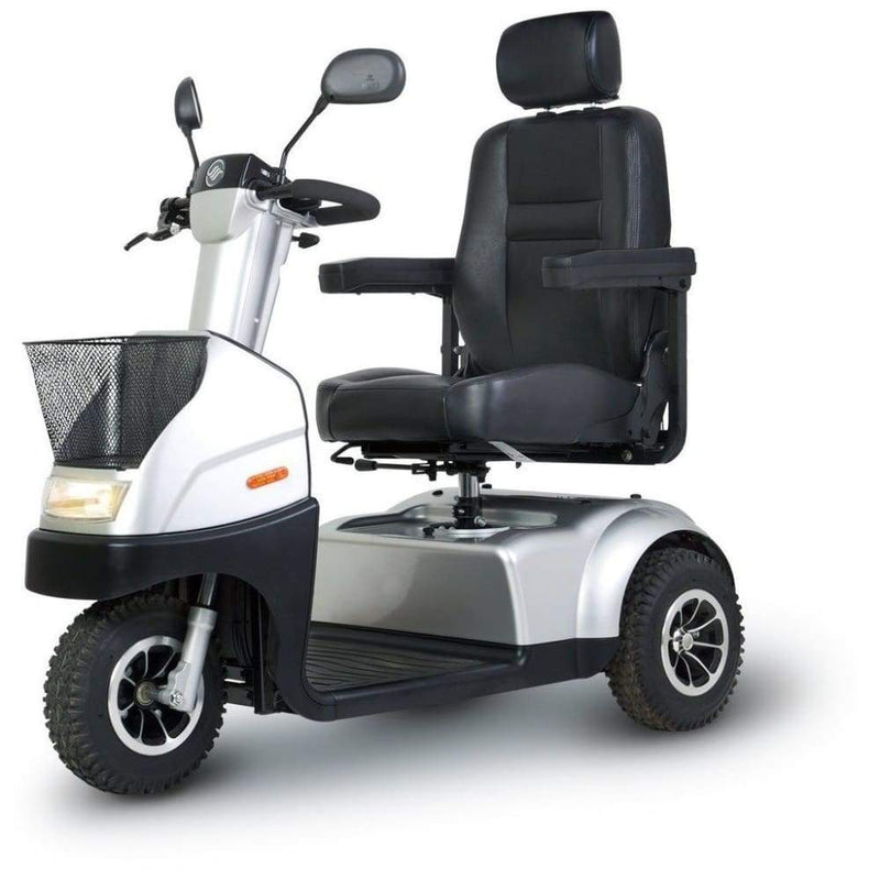 3 wheel electric mobility scooter with pneumatic tires, suspension and headlight
