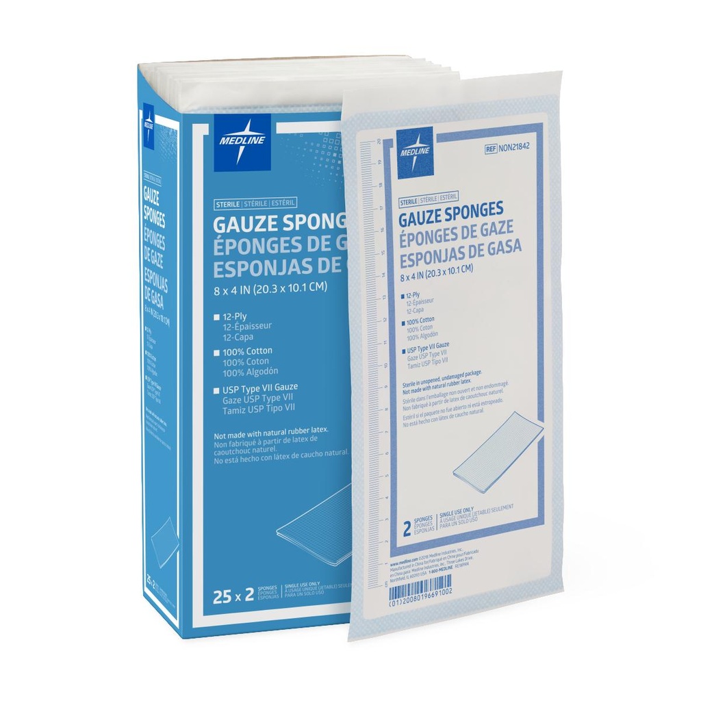 Gauze: Sterile 100% Cotton Woven 12 ply Sponge (8" x 4"); 25/Box
