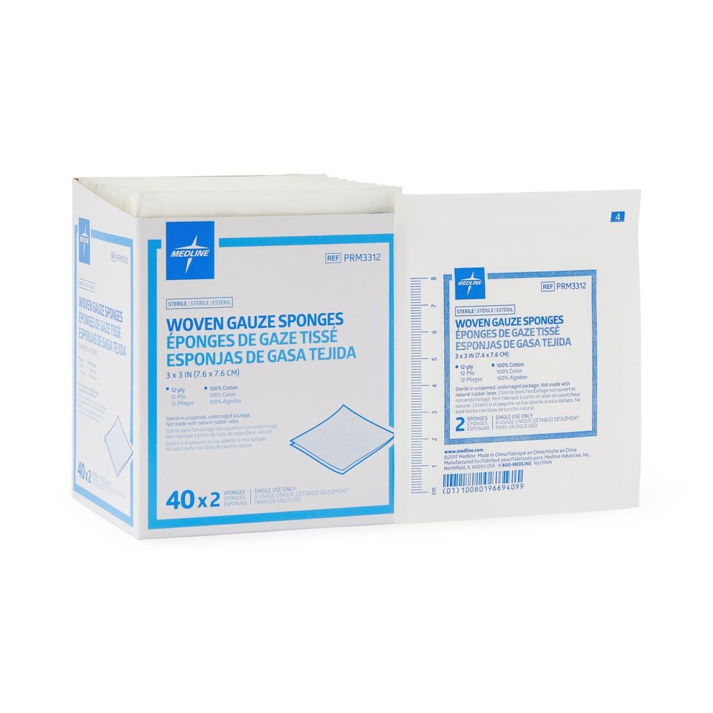Sterile 100% Cotton Woven Gauze Sponges, 3" X 3", 12PLY,  Latex-Free (40 x 2-packs / Box)