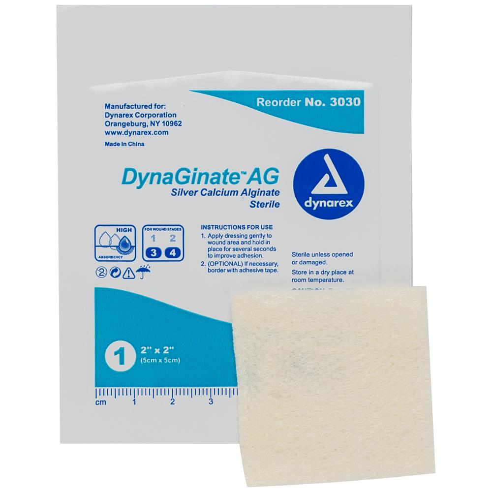 Calcium Alginate (Silver): Dynarex DynaGinate AG Silver Dressing, Sterile (4" x 5"); 10/Box