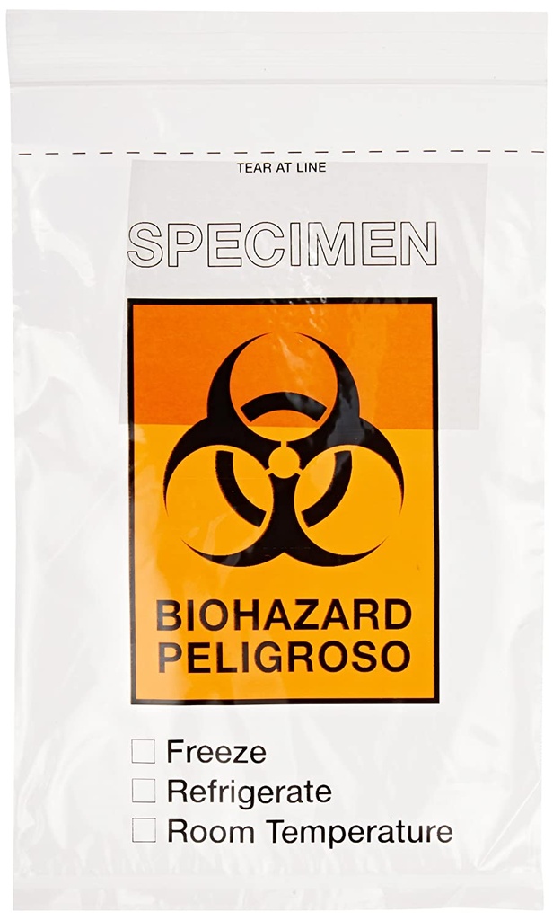 Bag, Biohazard Specimen Transport, 6" x 9", Ziplock with Score Line, Document Pouch and Absorbent Pad, 500 / Box