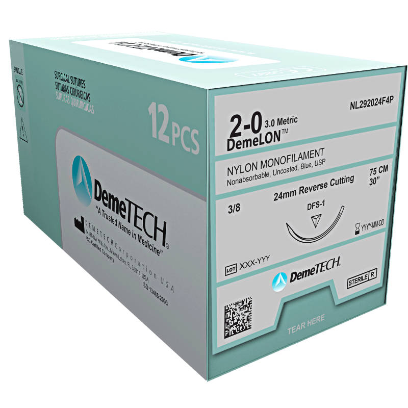 DemeLON Synthetic Nylon Monofilament Suture  USP 10/0 12" (6.5MM/ 3/8 CIRCLE DOUBLE / MICROPOINT CURVED SPATULA NEEDLE) - BOX OF 12 PIECES