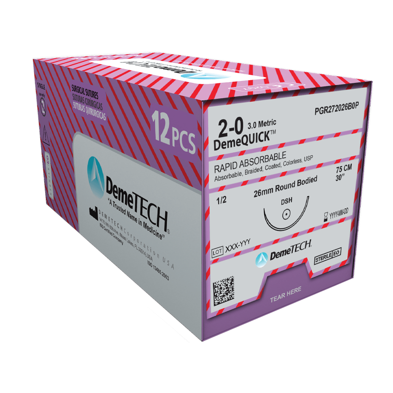 DemeQUICK Rapid Absorbable Suture USP 7/0 12" (6.5MM/  3/8 CIRCLE / CONVENTIONAL SPATULA NEEDLE) - BOX OF 12 PIECES