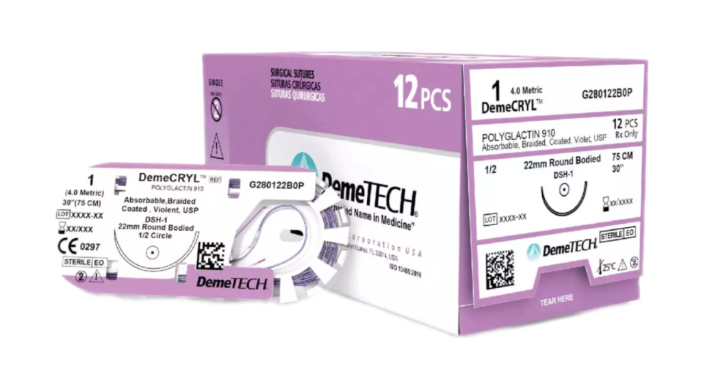 DemeCRYL Rapid Absorbable Suture USP 8/0 30cm Thread length (6.5MM/  3/8 CIRCLE DOUBLE / Micropoint Curved Spatula Needle) - BOX OF 12 PIECES