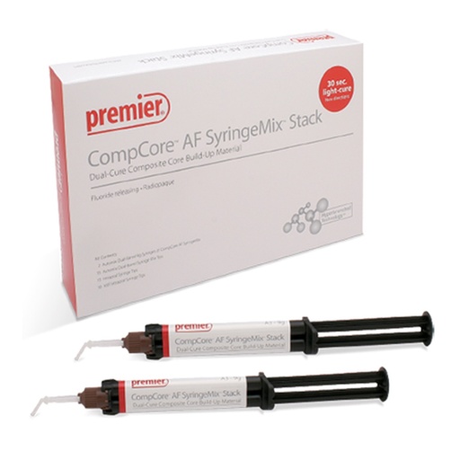 [3001512] Premier Dental CompCore White-Shade AF Dual-Cure Composite Core Build-Up Material - PACK OF 2 (9G) WHITE-SHADE AUTOMIX SYRINGES, 15 x MIX TIPS, 15 x STANDARD INTRA-ORAL TIPS & 10 x EXTRA FINE INTRA-ORAL TIPS