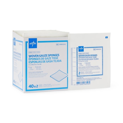 [PRM3312] Sterile 100% Cotton Woven Gauze Sponges, 3" X 3", 12PLY,  Latex-Free (40 x 2-packs / Box)