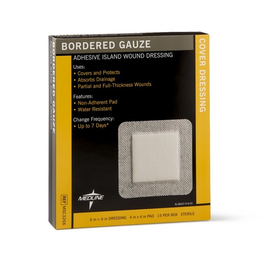 [MSC3266] Gauze: Medline Bordered Gauze Island Dressing 6" x 6" with 4" x 4" Pad, 15 / Box