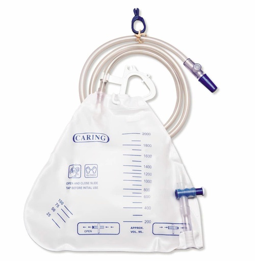 [DYNC1674] Urinary Drain Bag with Anti-Reflux Valve and Metal-Free Slide-Tap Drainage Port, 2,000 mL