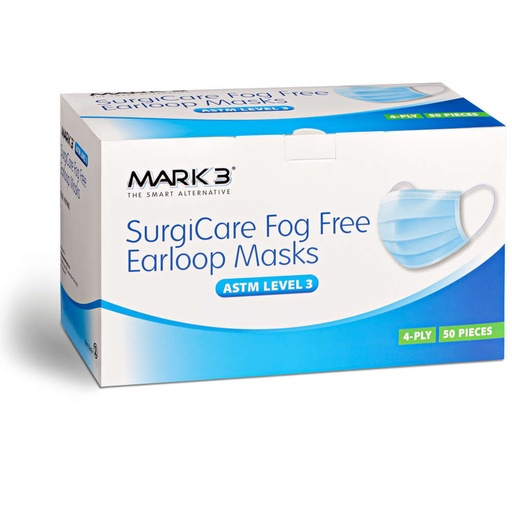 [100-1974BL] Mask: SurgiCare Earloop Face Masks ASTM Level 3; 50/box (Blue, Double Band Band)