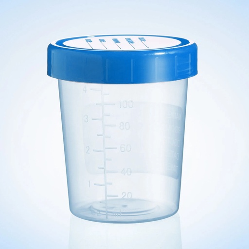 [LM-H1015] Specimen Container blue cap individually packed, sterile, 100-120ml, case of 100