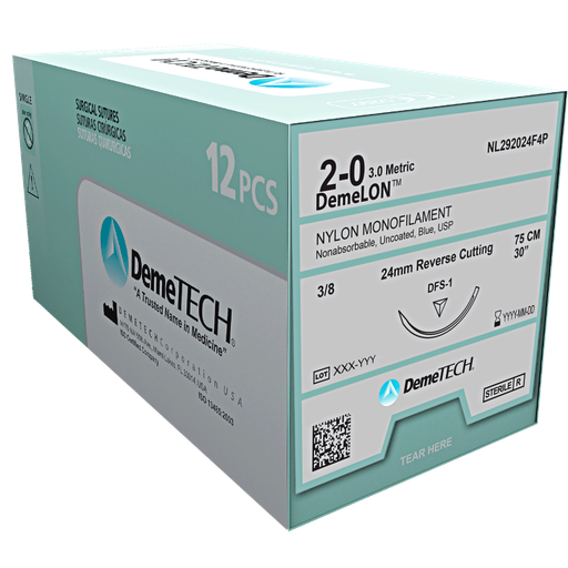 [NL861000,65G7P] DemeLON Synthetic Nylon Monofilament Suture  USP 10/0 12" (6.5MM/ 3/8 CIRCLE DOUBLE / MICROPOINT CURVED SPATULA NEEDLE) - BOX OF 12 PIECES