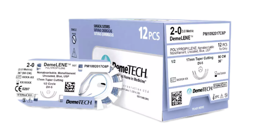 [PM21910016AX27P] DemeLENE Polypropylene Suture  USP 10/0 10" (16MM/ STRAIGHT DOUBLE / MICROPOINT CURVED SPATULA NEEDLE) - BOX OF 12 PIECES