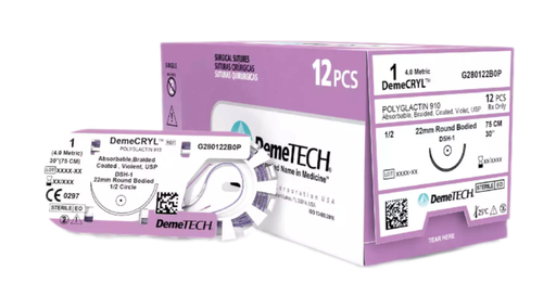 [G88800,65G7P] DemeCRYL Rapid Absorbable Suture USP 8/0 30cm Thread length (6.5MM/  3/8 CIRCLE DOUBLE / Micropoint Curved Spatula Needle) - BOX OF 12 PIECES